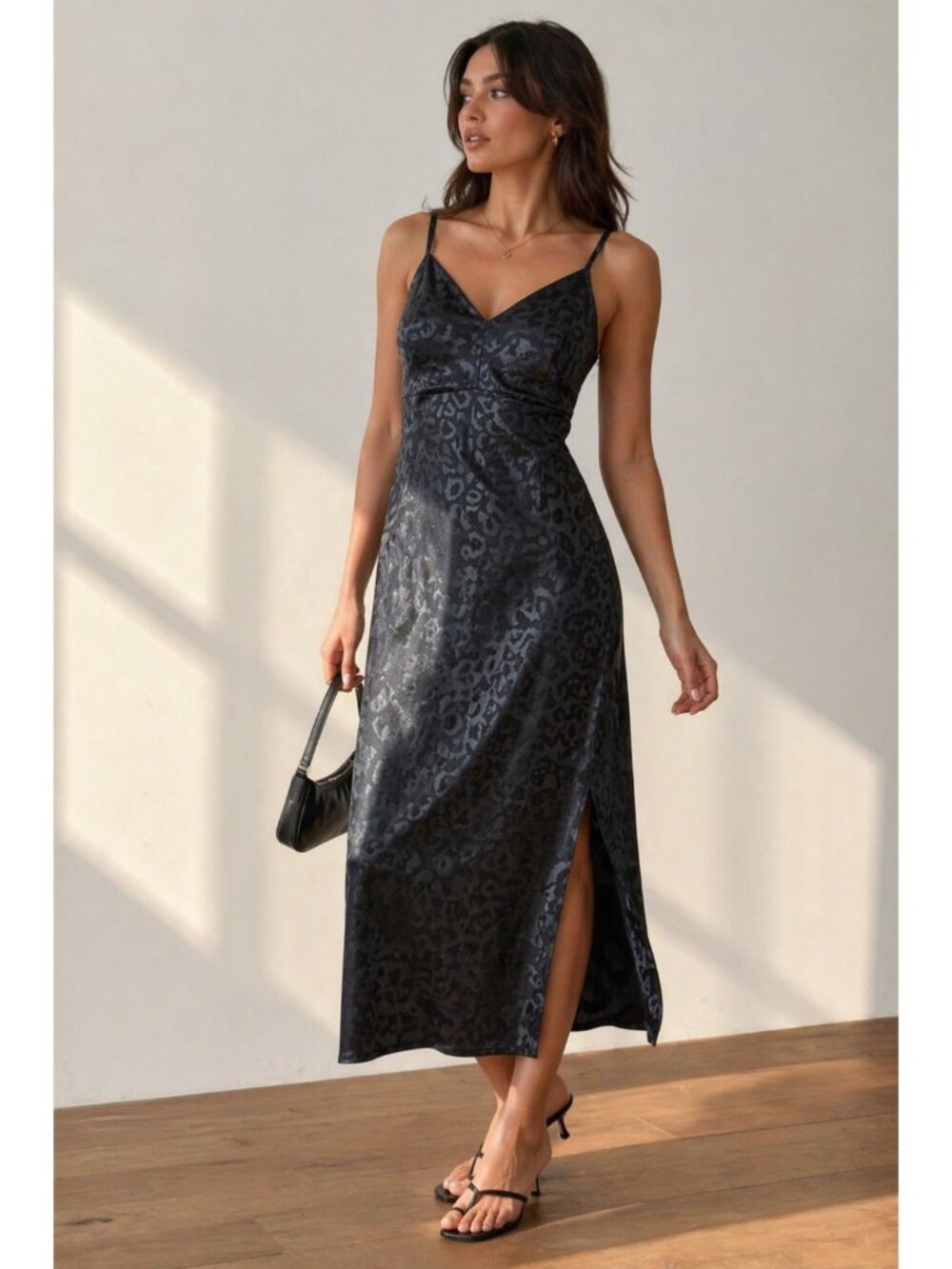 Wanderlux Satin Slip Dress Black Leopard Print Midi Spaghetti Strap Sz L Flowy
